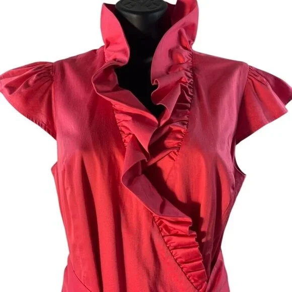 Elizabeth McKay Ruffle Collar Sleeveless Wrap Dress With Gold Button Accent - Picture 6 of 14